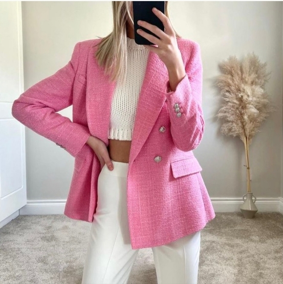 Zara Textured Tweed  Double Breasted  Blazer pink size S - Picture 14 of 17